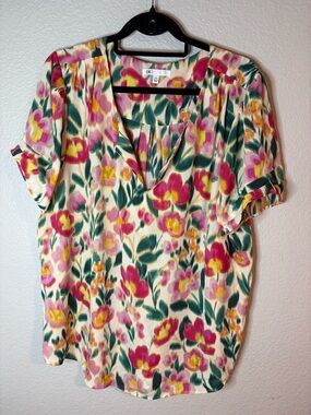 DR2 Cream Split-Neck Floral Blouse with Pink & Yellow Blooms